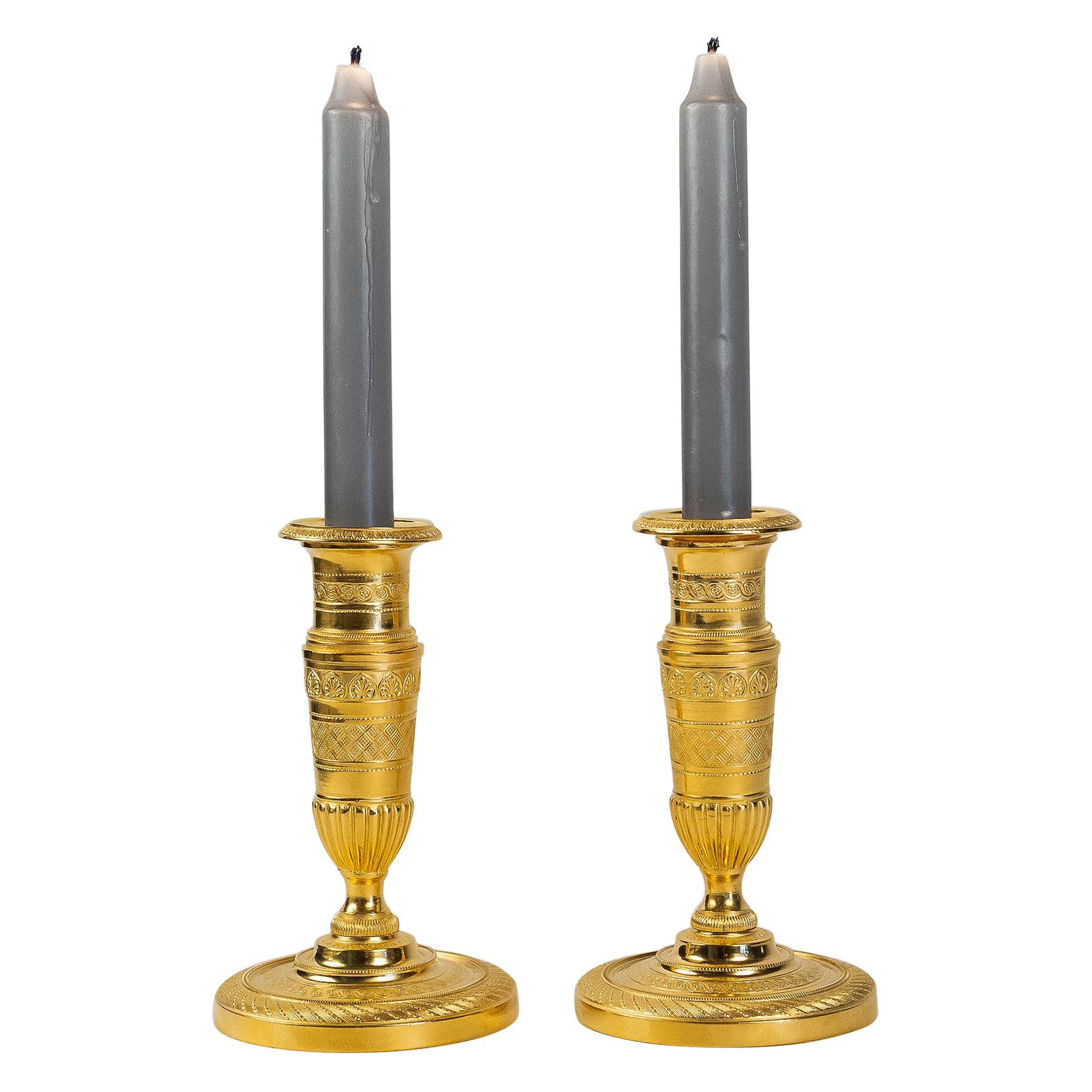 French Empire Period, Pair of Small Gilt-Bronze Candlesticks, circa 1805