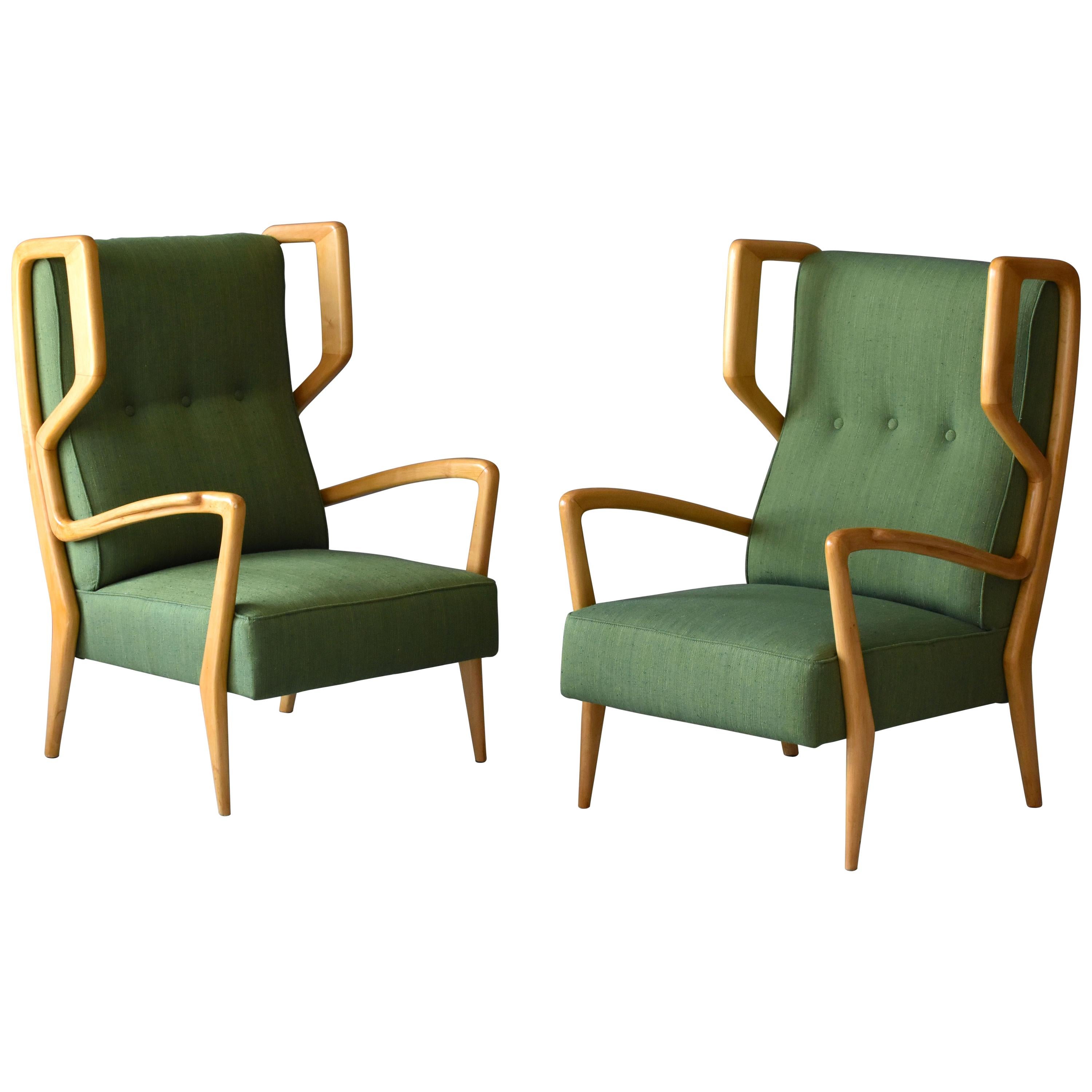 Orlando Orlandi, Rare Lounge Chairs, Green Fabric, Wood, Brianza, Italy, 1948