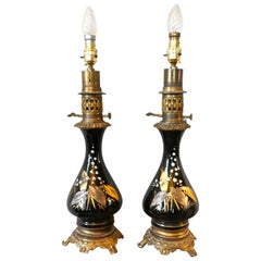 Pair of Victorian Ceramic Oil Lamps Decorated with Lilly of the Valley