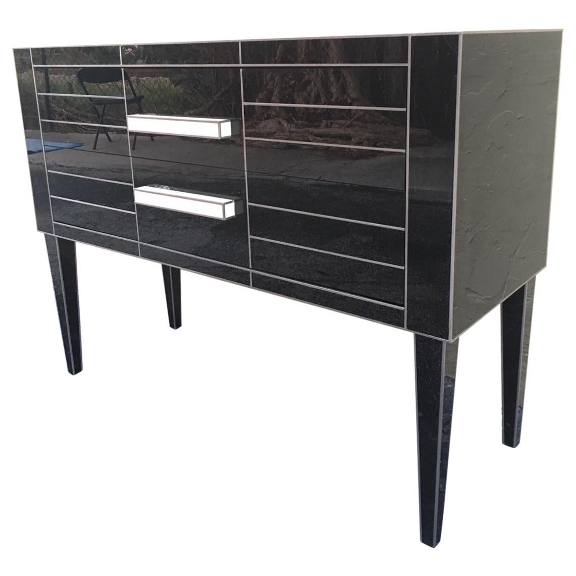 New Chest of Drawers in Black Mirror and Aluminium with White Glass Handle