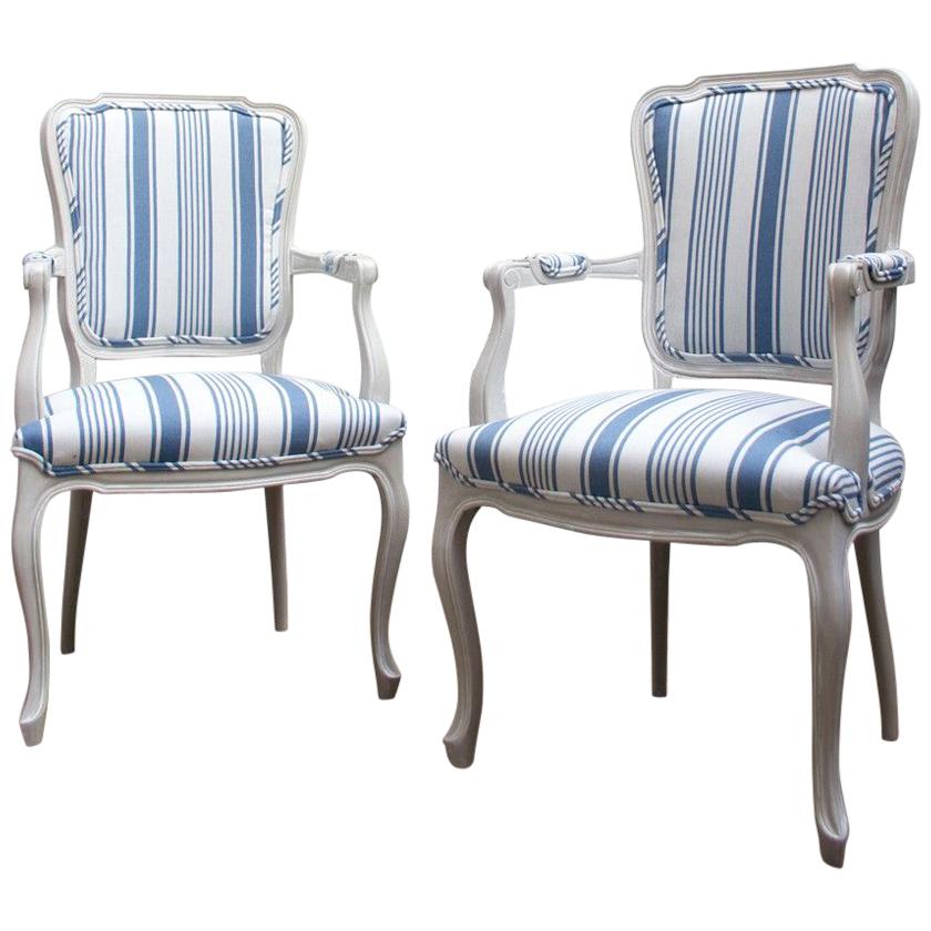 1960s Blue and White Striped Vintage Armchairs For Sale