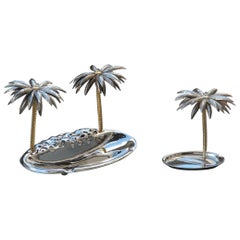 Vintage Ashtray with Matchstick Italian Design Silver Plate Palm Trees 1970 Silver Gold