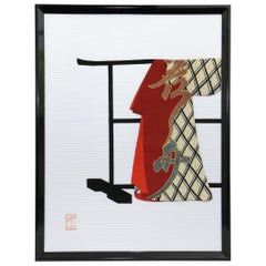 Japanese Contemporary Framed Red Black Silk Brocade Oshie Decorative Art