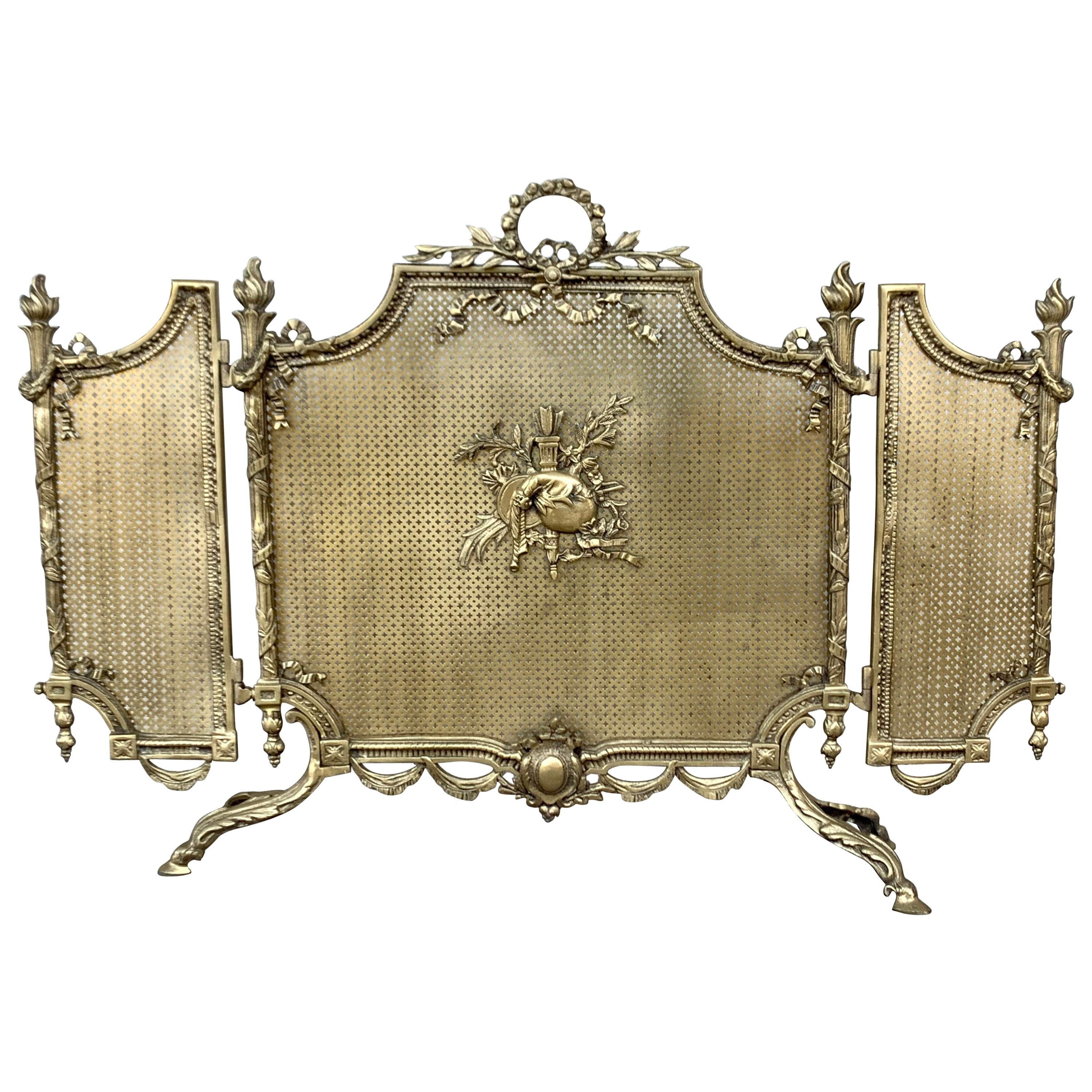19th Century French Louis XVI Style, Three-Panel Bronze Fire Screen