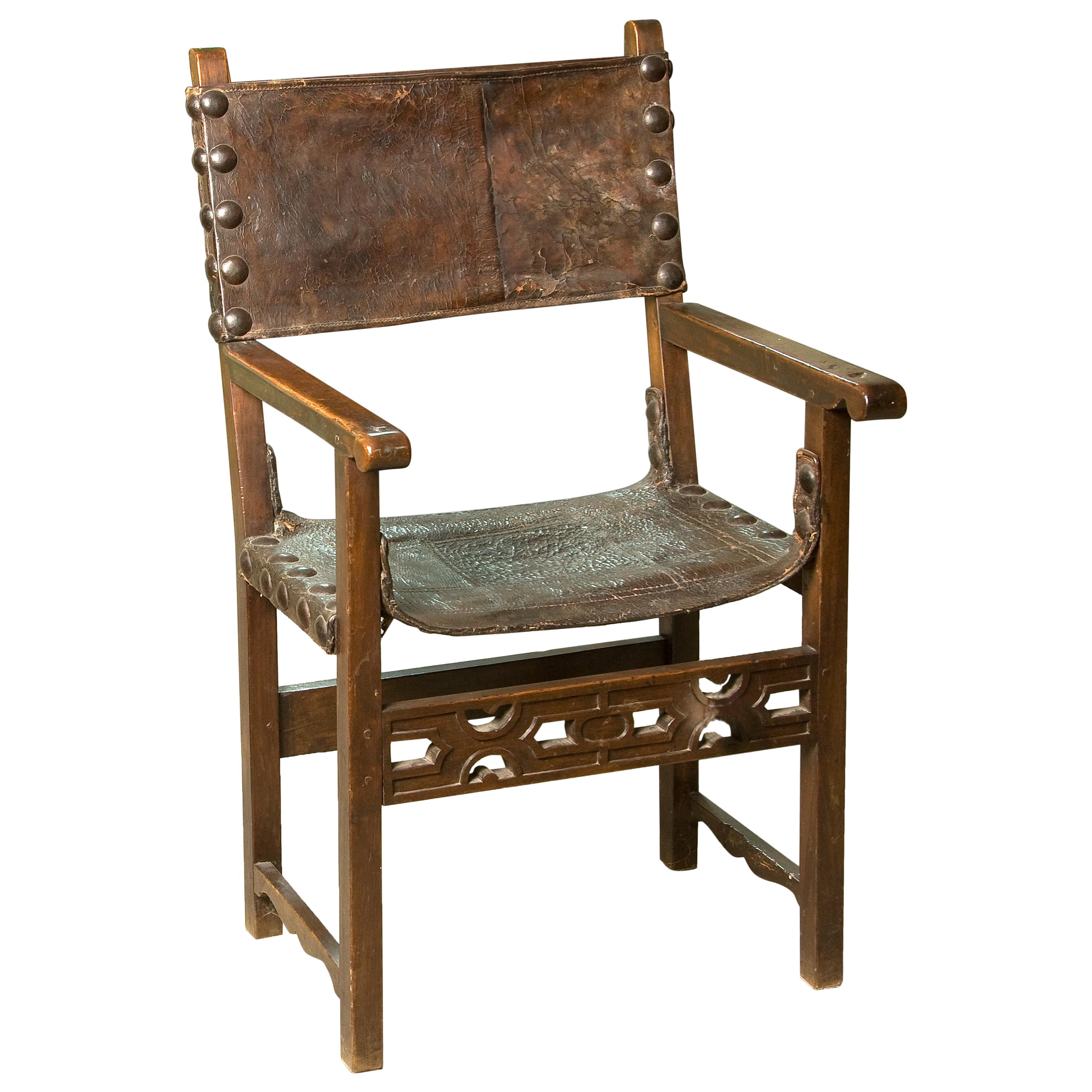 "Frailero" (Fray) Chair, Walnut, Leather, Metal, 17th Century