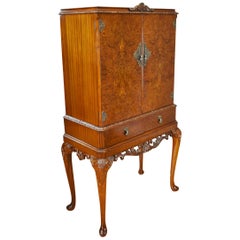 Antique 20th Century English Queen Anne Style Burr Walnut Cocktail Cabinet