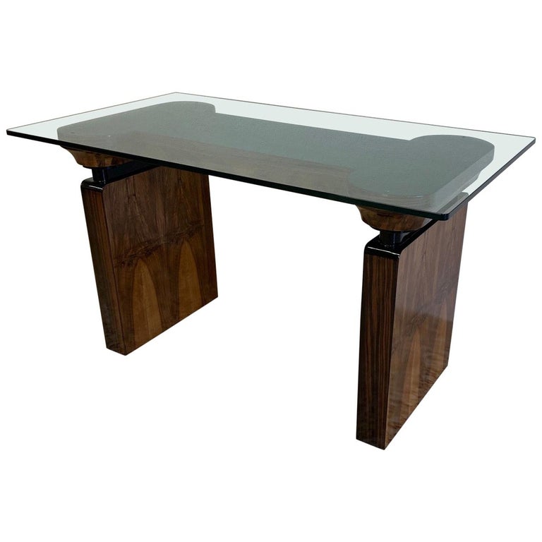 Art Deco Walnut Macassar And Glass Top Italian Desk 1940s For