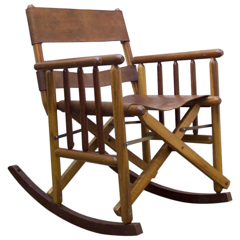 Vintage Folding Leather and Wood Rocking Chair For Sale at 1stdibs