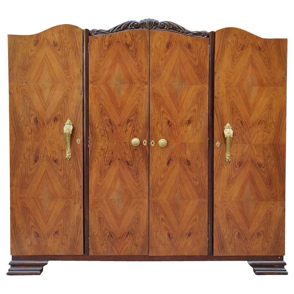 1920s Art Deco Walnut Veneer 4-Door Wardrobe For Sale