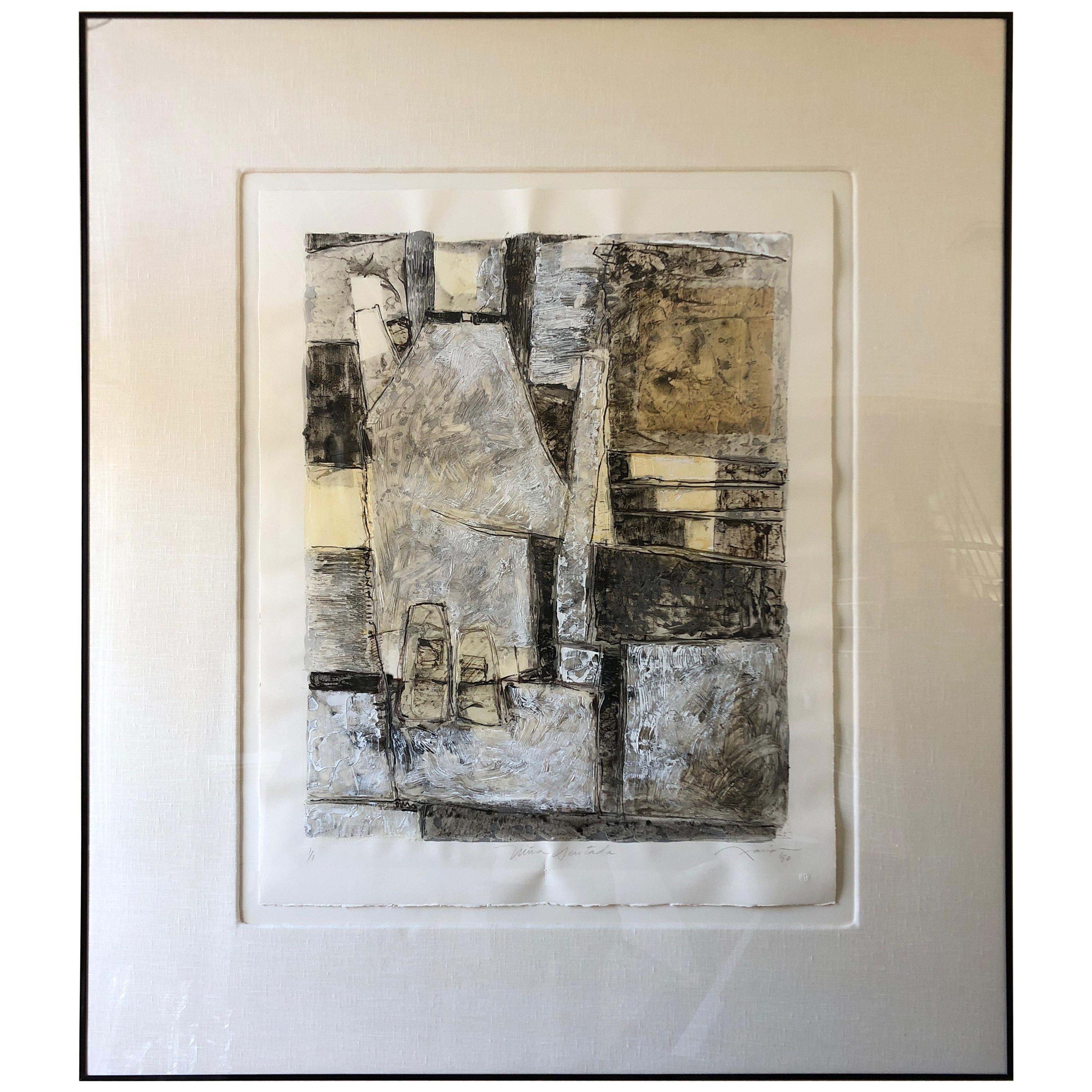 Large Abstract Lithograph in Black Grey and Tan