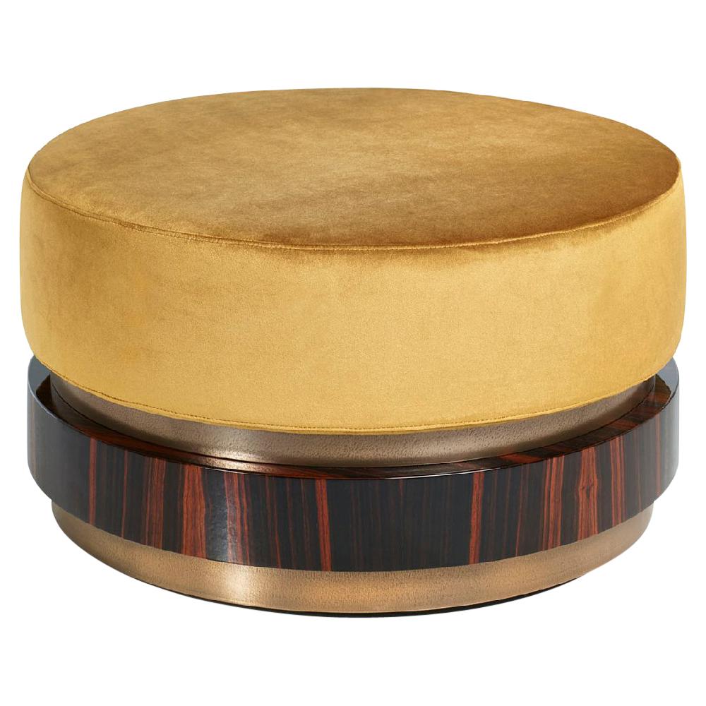 Pouf in Polished Ebony Finish Top in Fabric and Decorative Liquid Metal Edges For Sale