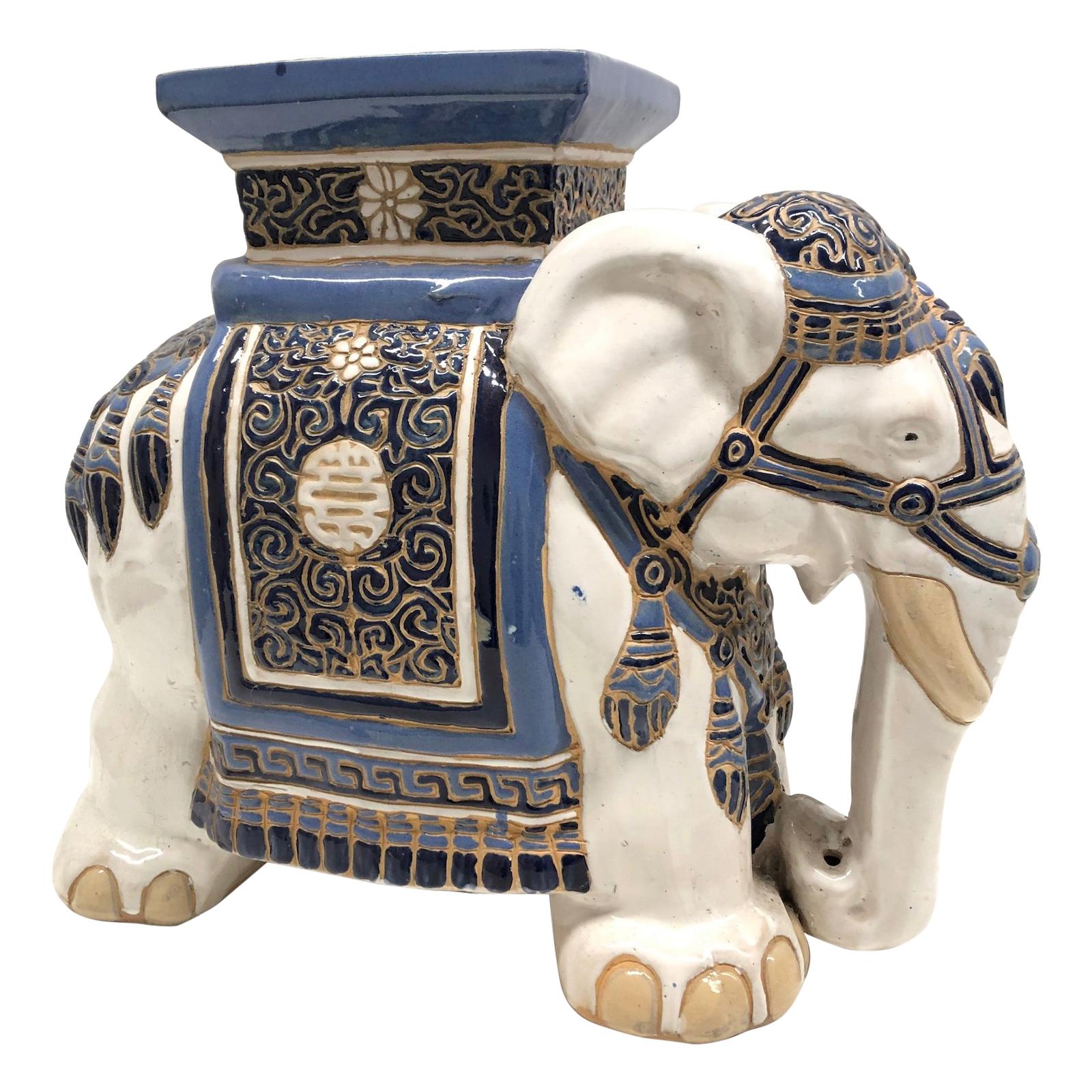 Hollywood Regency Chinese Blue Ivory Colored Elephant Garden Plant Stand or Seat