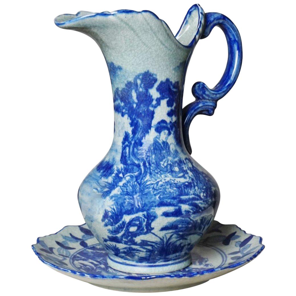 Large Japonism Blue and White Ceramic Handle Vase with under Plate, Jug For Sale