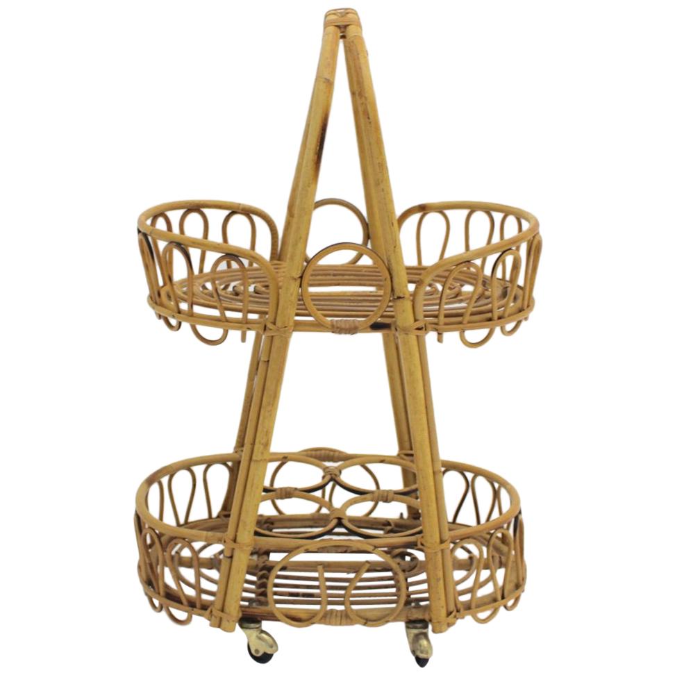 Mid-Century Modern Vintage Rattan Bamboo Bar Cart Serving Trolley 1950s Italy