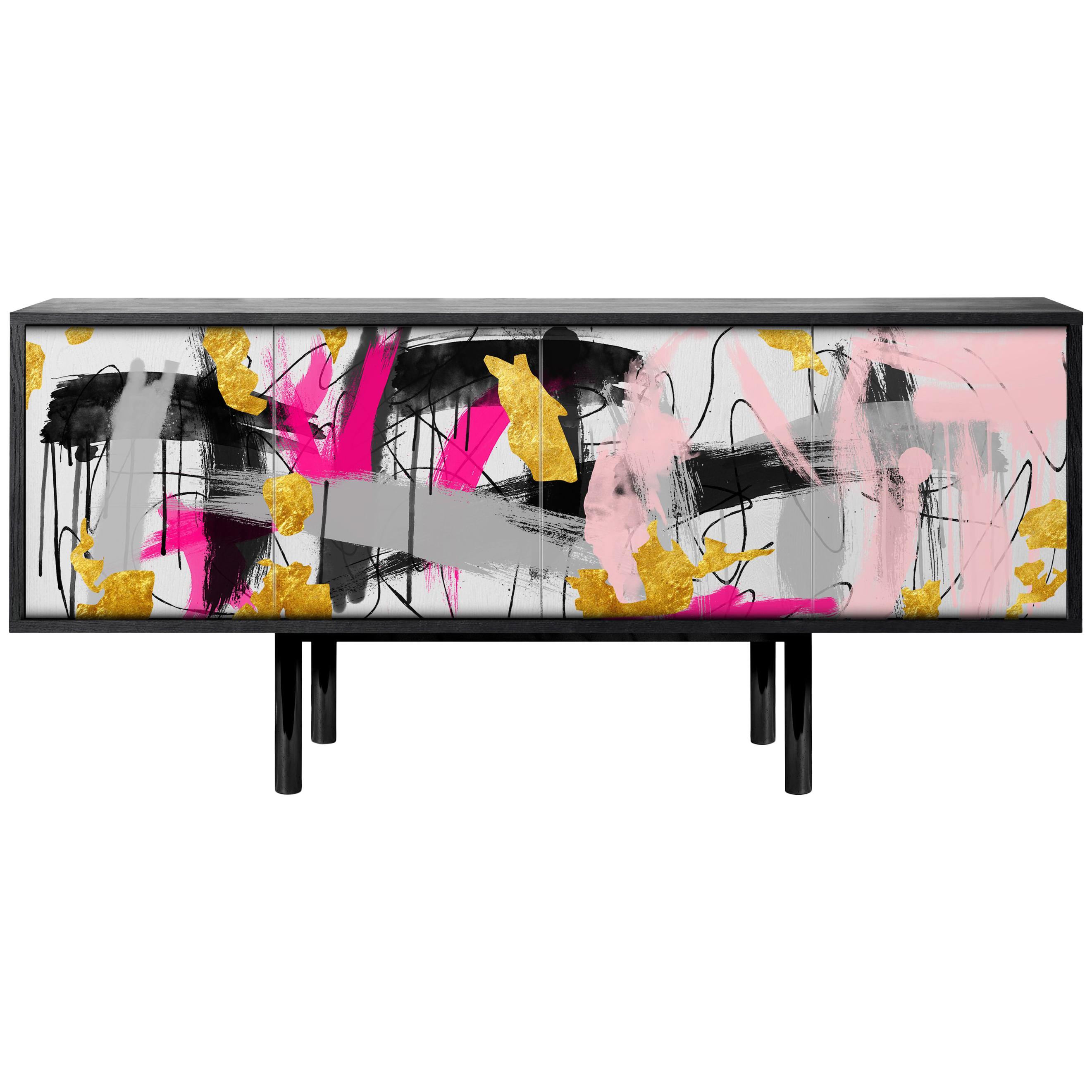 Contemporary Splatter Sideboard by Railis Design, Black, Gold, Pink For Sale