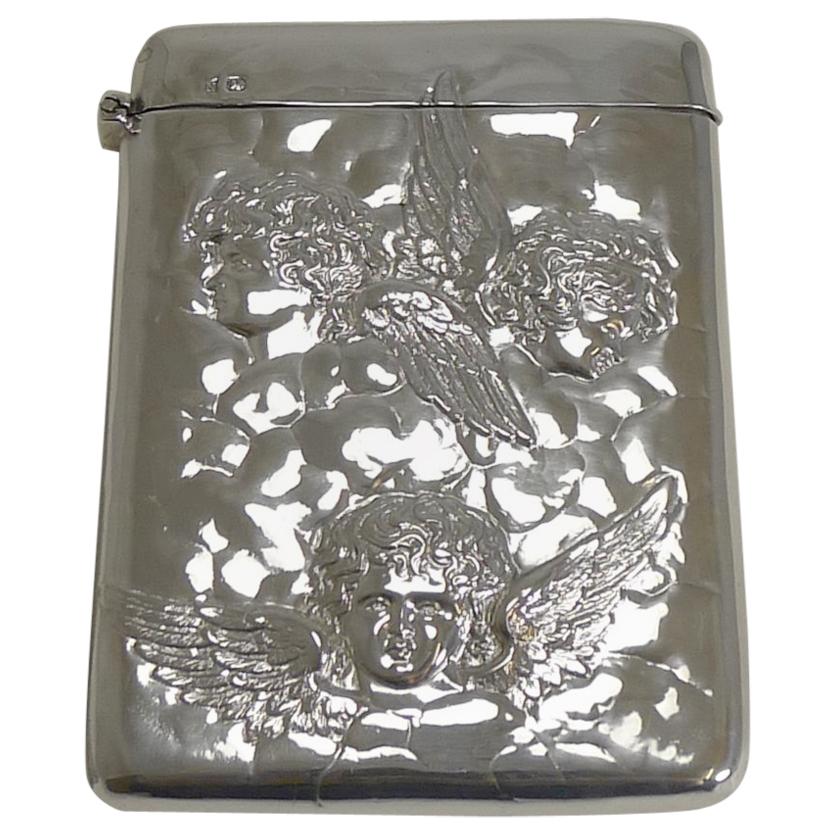Antique English Sterling Silver Card Case, Angels, 1898