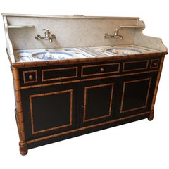 Antique 19th Century French Faux Bamboo Cupboard Sink with Marble and Ceramic, 1890s