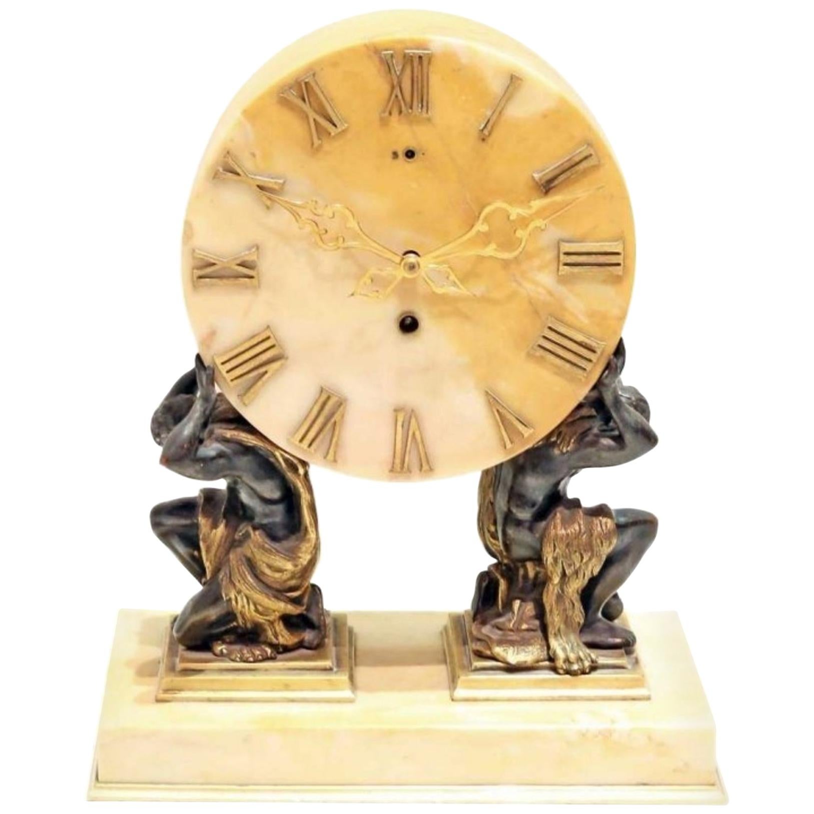 Sienna Marble, Gilt and Patinated Bronze Mantle Clock, Edward F. Caldwell
