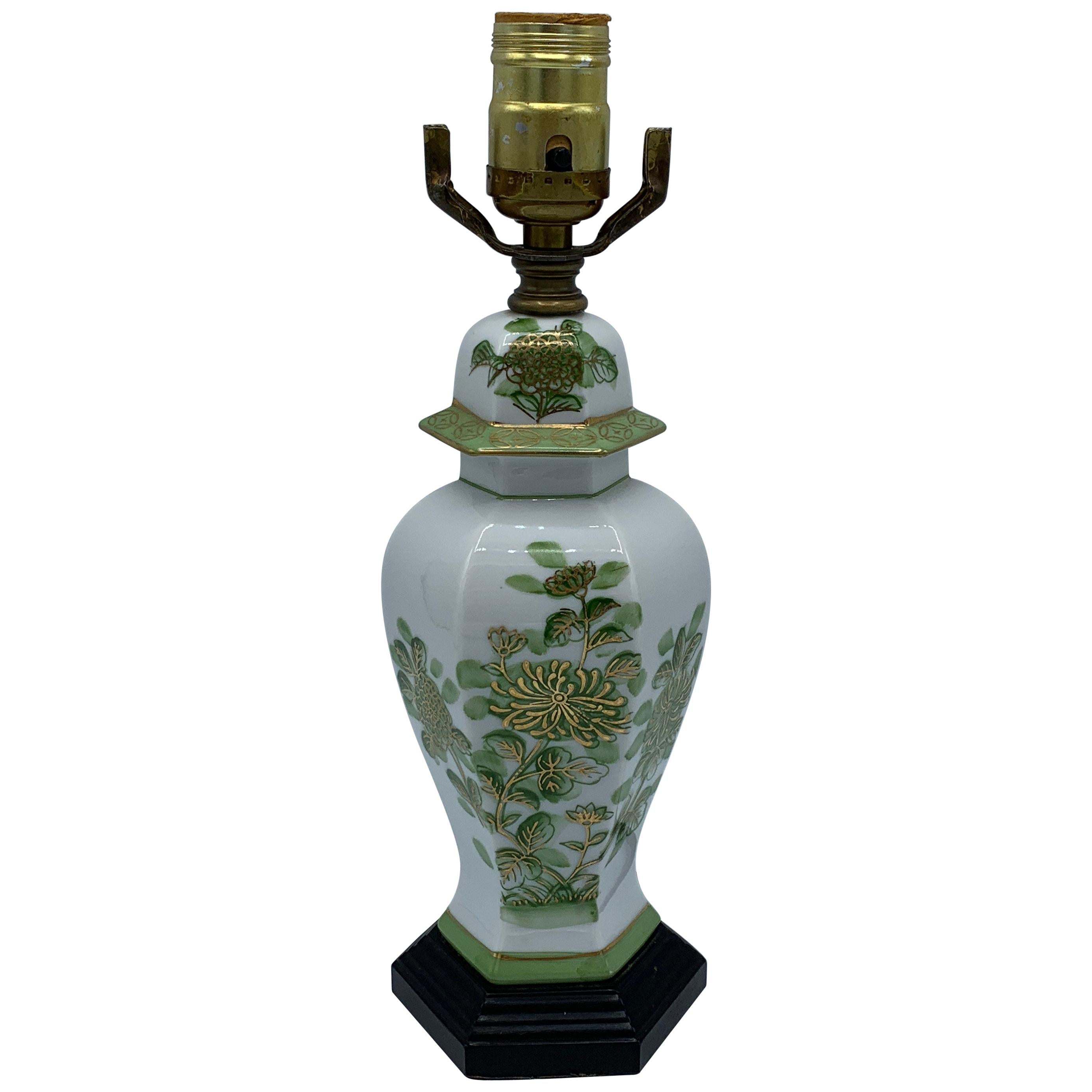 1970s Green and White Chinoiserie Ginger Jar Lamp For Sale