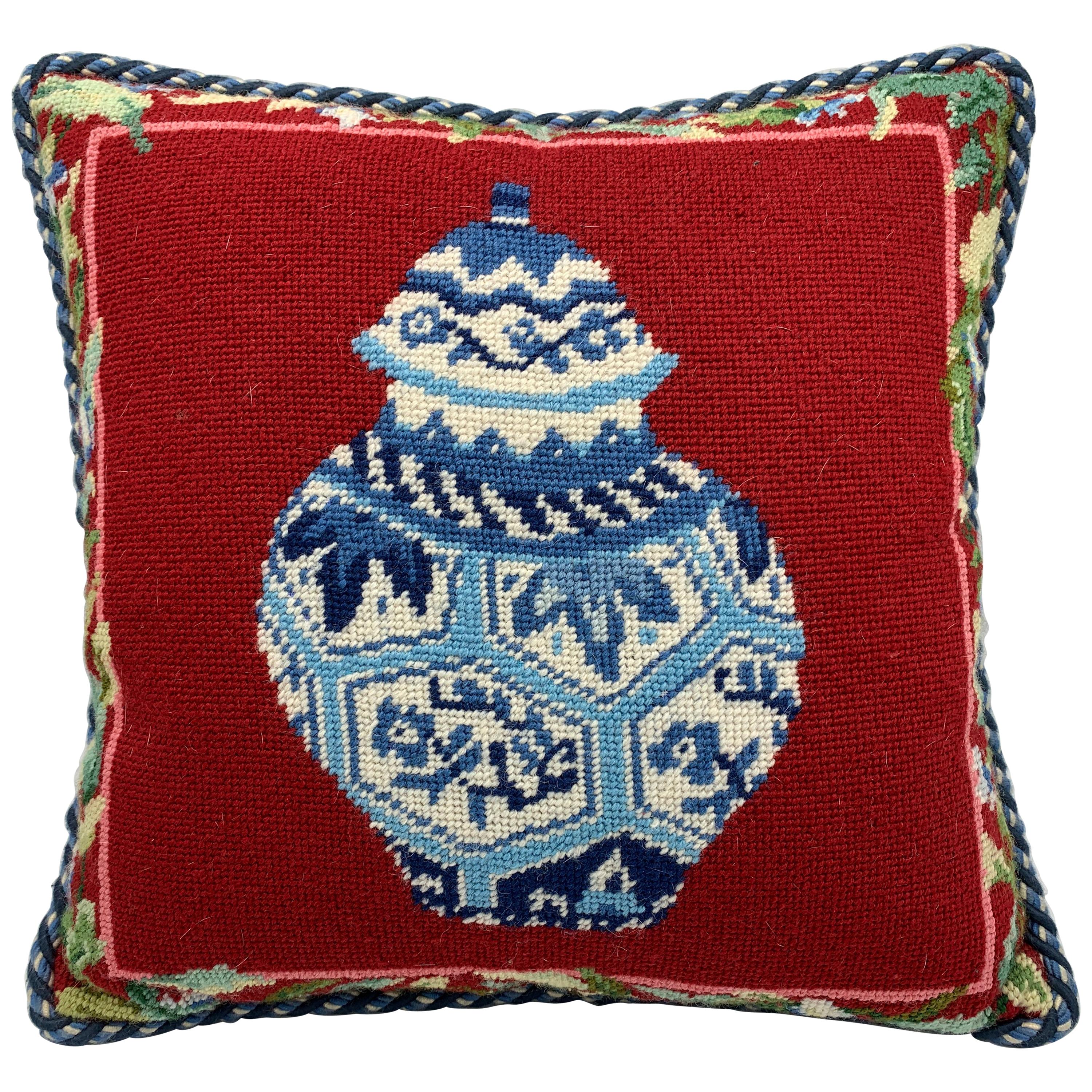 1970s Blue and White Ginger Jar Needlepoint Pillow