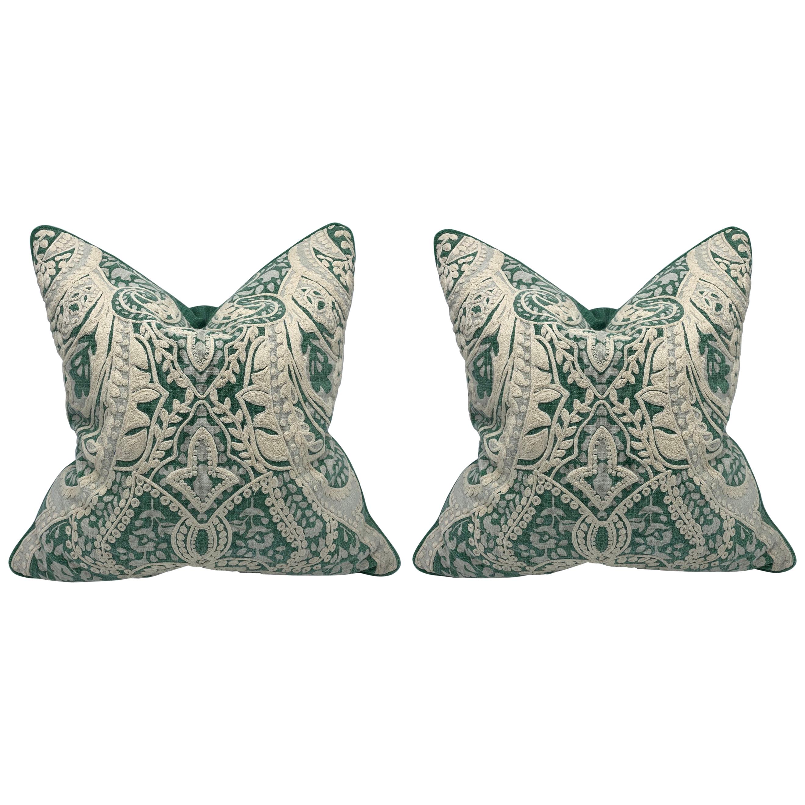 Green and White Linen Pillows with Damask Embroidery, Pair For Sale