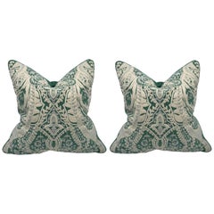Green and White Linen Pillows with Damask Embroidery, Pair