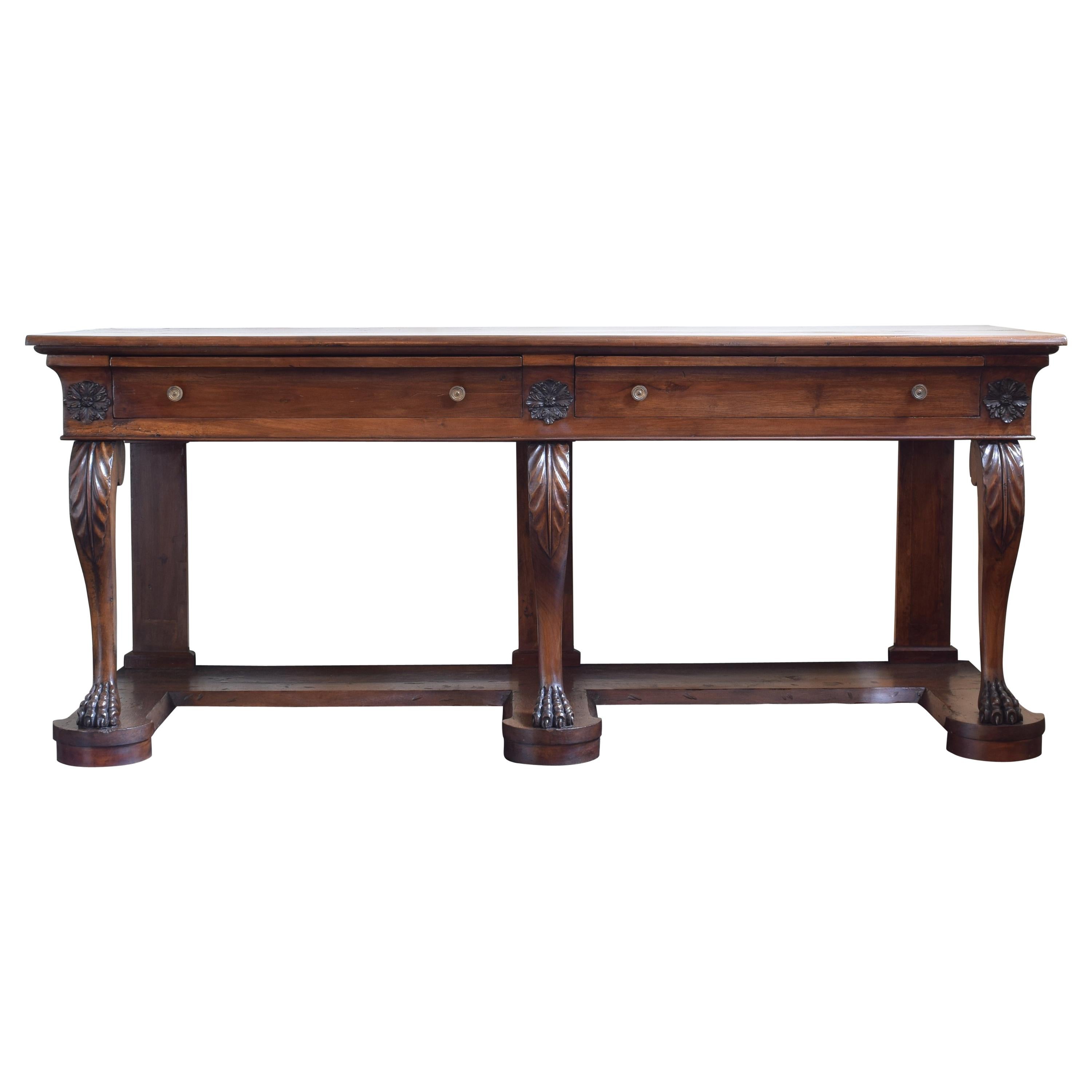 Large Late Neoclassical Carved Walnut Console Table, Italy, Mid-19th Century