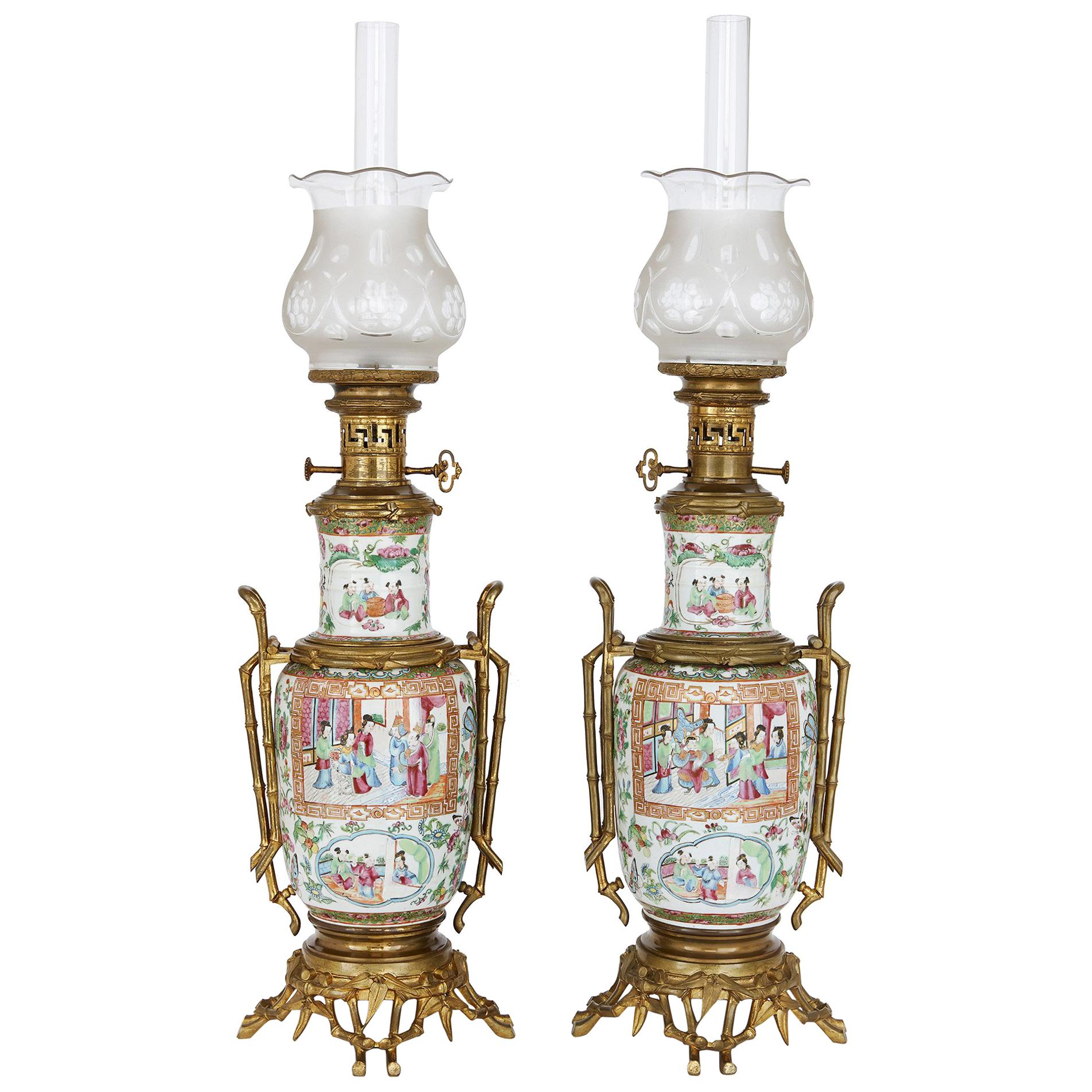 Gilt Bronze Mounted Chinese Canton Famille Rose Porcelain Lamps