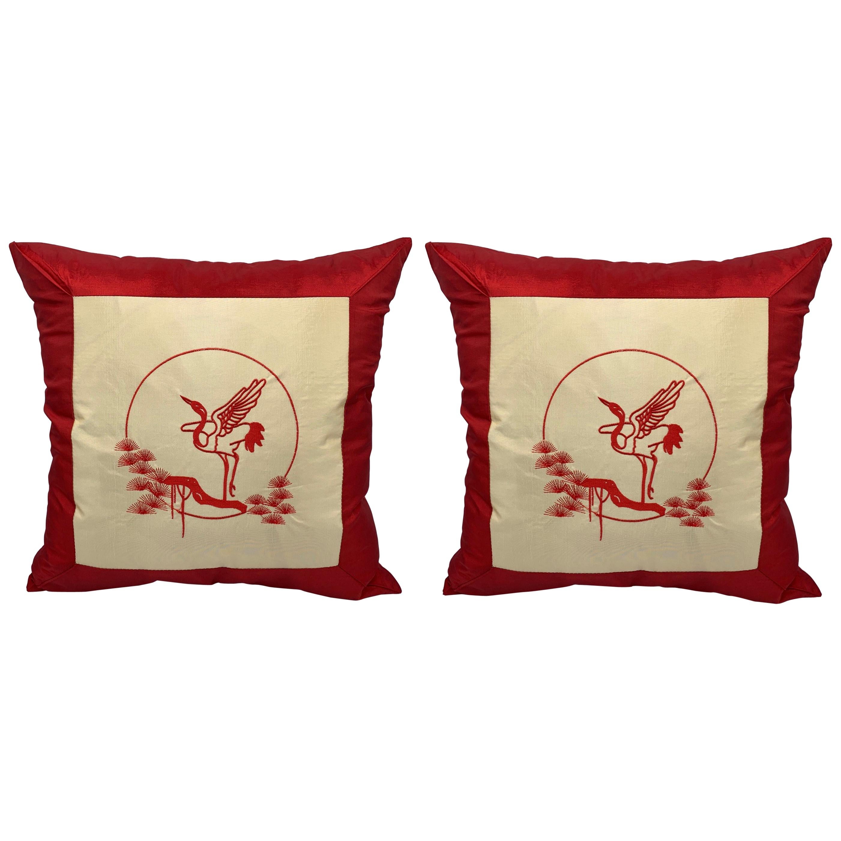 1970s Red and White Silk Pillows with Embroidered Asian Crane Motif, Pair