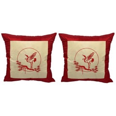 1970s Red and White Silk Pillows with Embroidered Asian Crane Motif, Pair