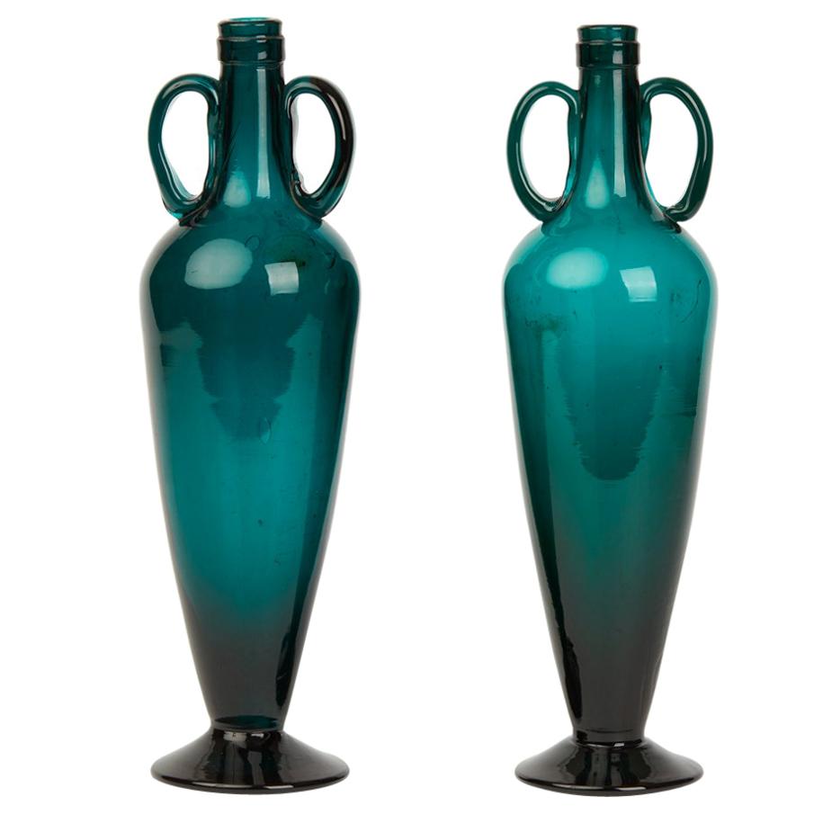 Vintage Green or Turquoise Glass Twin Handled Bottle Vases