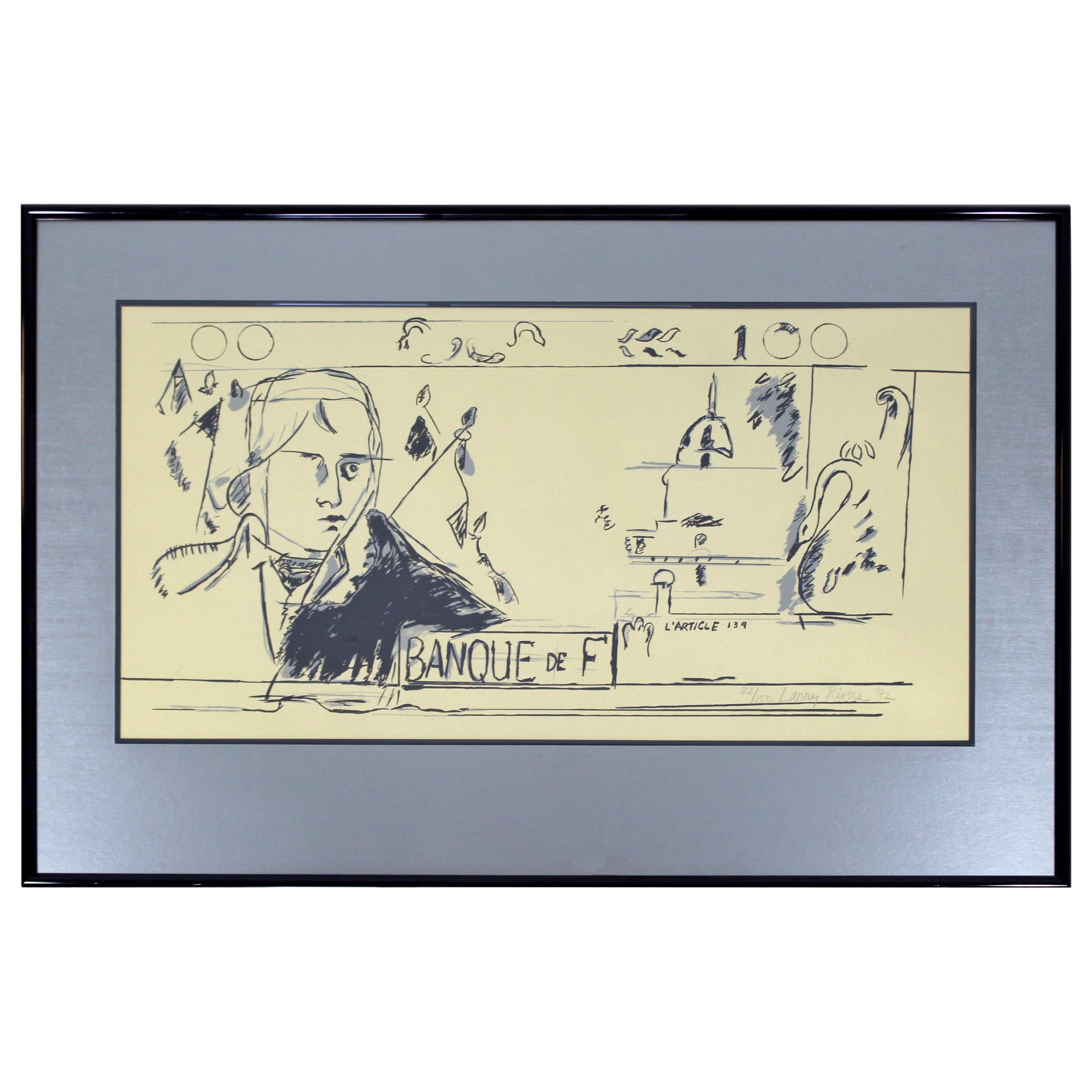 Contemporary Framed Litho French Money Gold Signed Larry Rivers, 1992