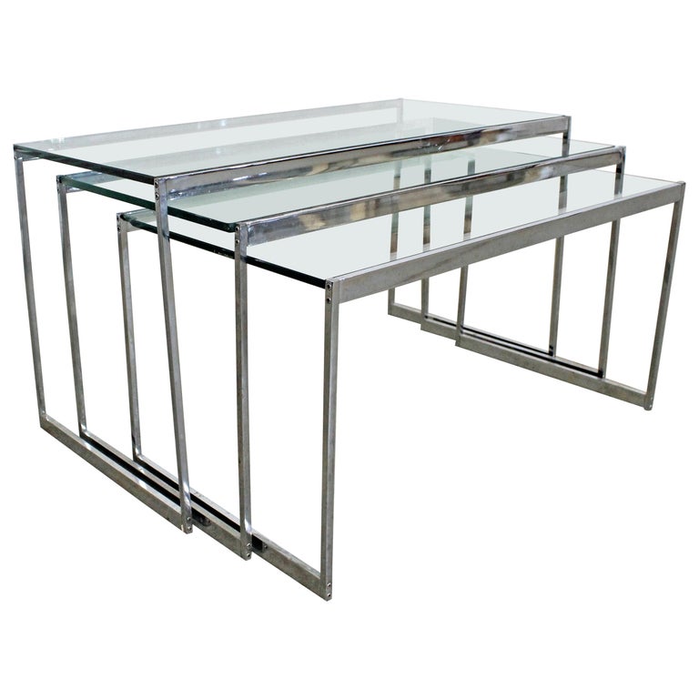 Set of 3 MidCentury Modern Chrome and Glass Top Nesting End Tables For