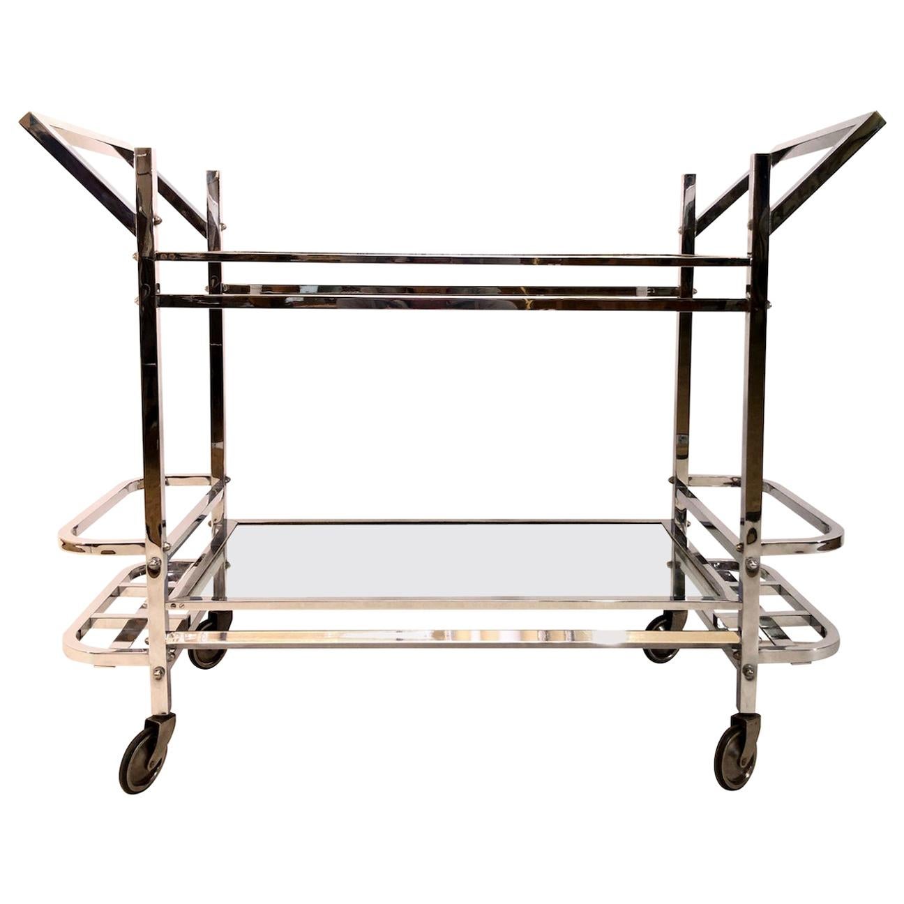 Slim Bar Cart in Chromed Metal with Mirrors original French Art Deco 1930s For Sale