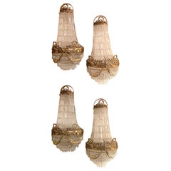 Retro Set of 4 Basket Form Louis XVI Style Gilt Bronze and Crystal Wall Sconces