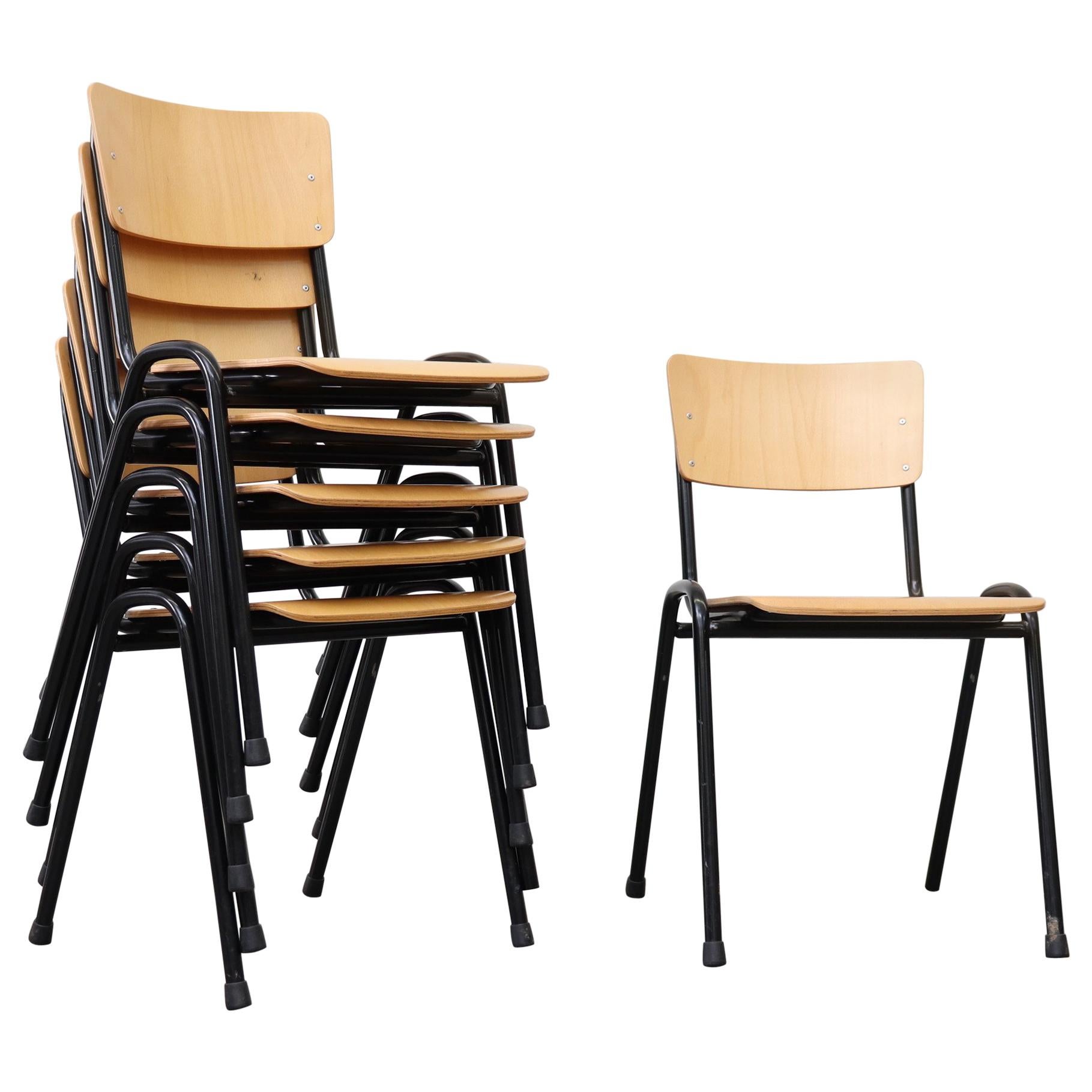 Blonde Plywood Industrial Stacking Chairs with Black Enameled Metal Frame