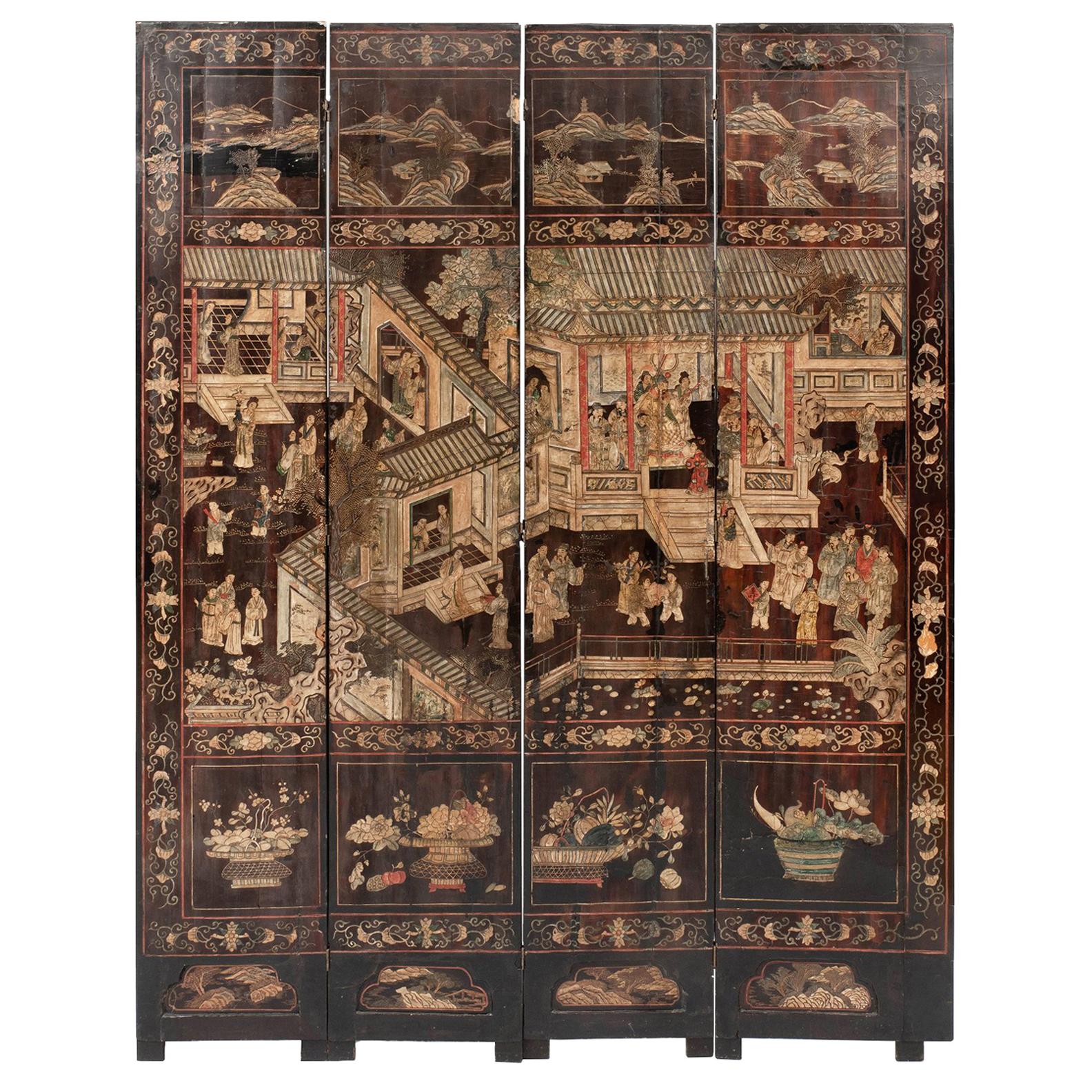 Antique Chinese Four-Panel Coromandel Folding Screen