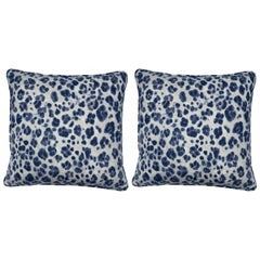 Thibaut 'Panthera' Blue and White Panther Motif on Linen Pillows, Pair