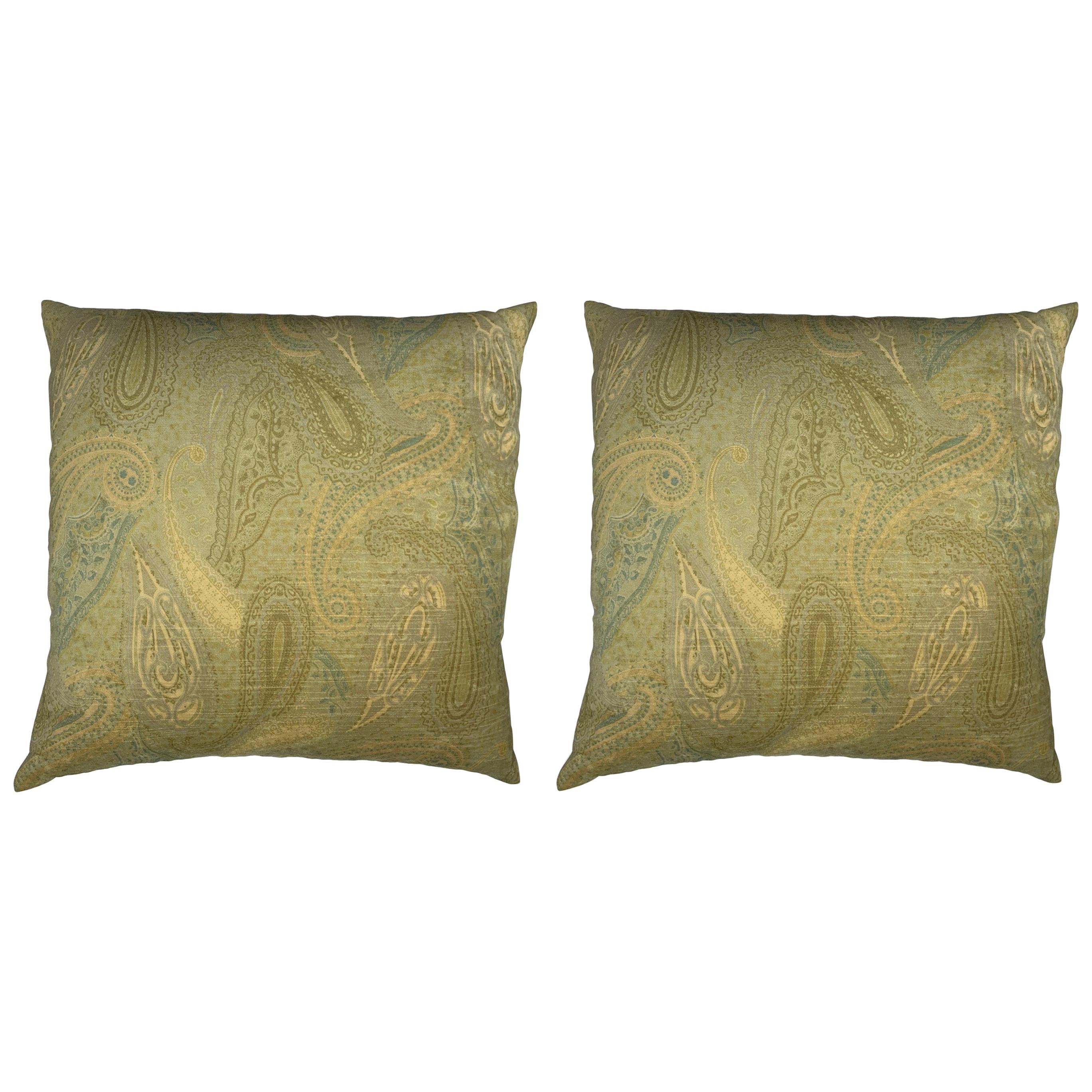 Monochromatic Green Velvet Paisley Motif Pillows, Pair For Sale