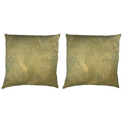 Monochromatic Green Velvet Paisley Motif Pillows, Pair