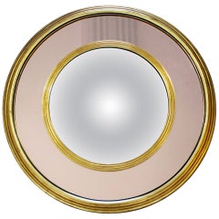 Vintage Mid-Century Modern Brass and Wood Round Convex Wall Mirror, 1960s