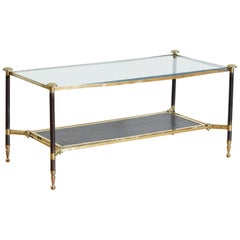 Vintage French Brass, Steel and Leather Coffee Table style of Maison Jansen