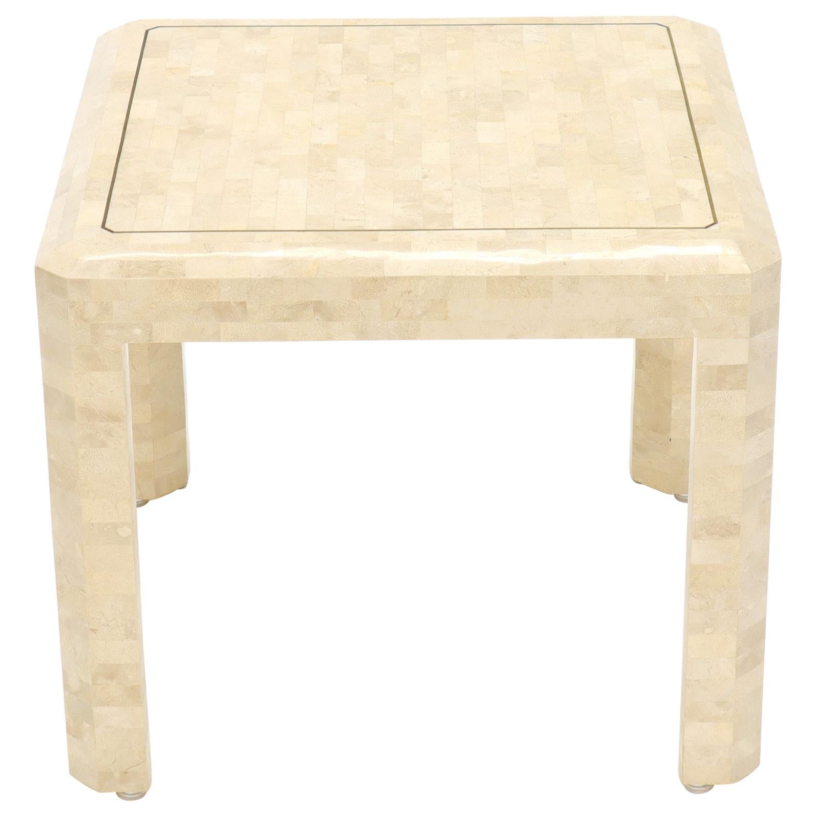 Tesselated Stone Brass Inlay Square Side End Table For Sale