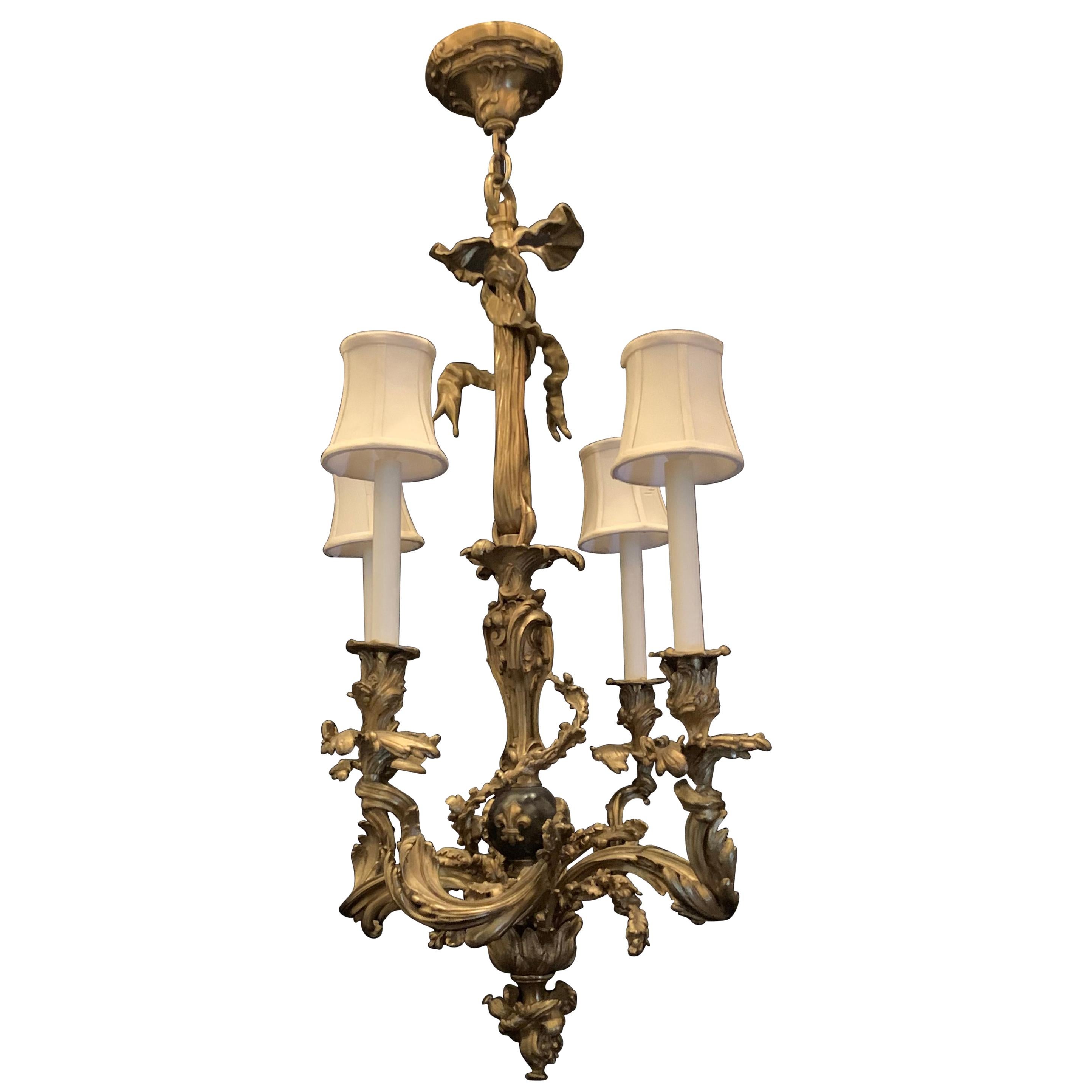 Wonderful French Neoclassical Bronze Patinated Bow Tassle Roccoco Chandelier