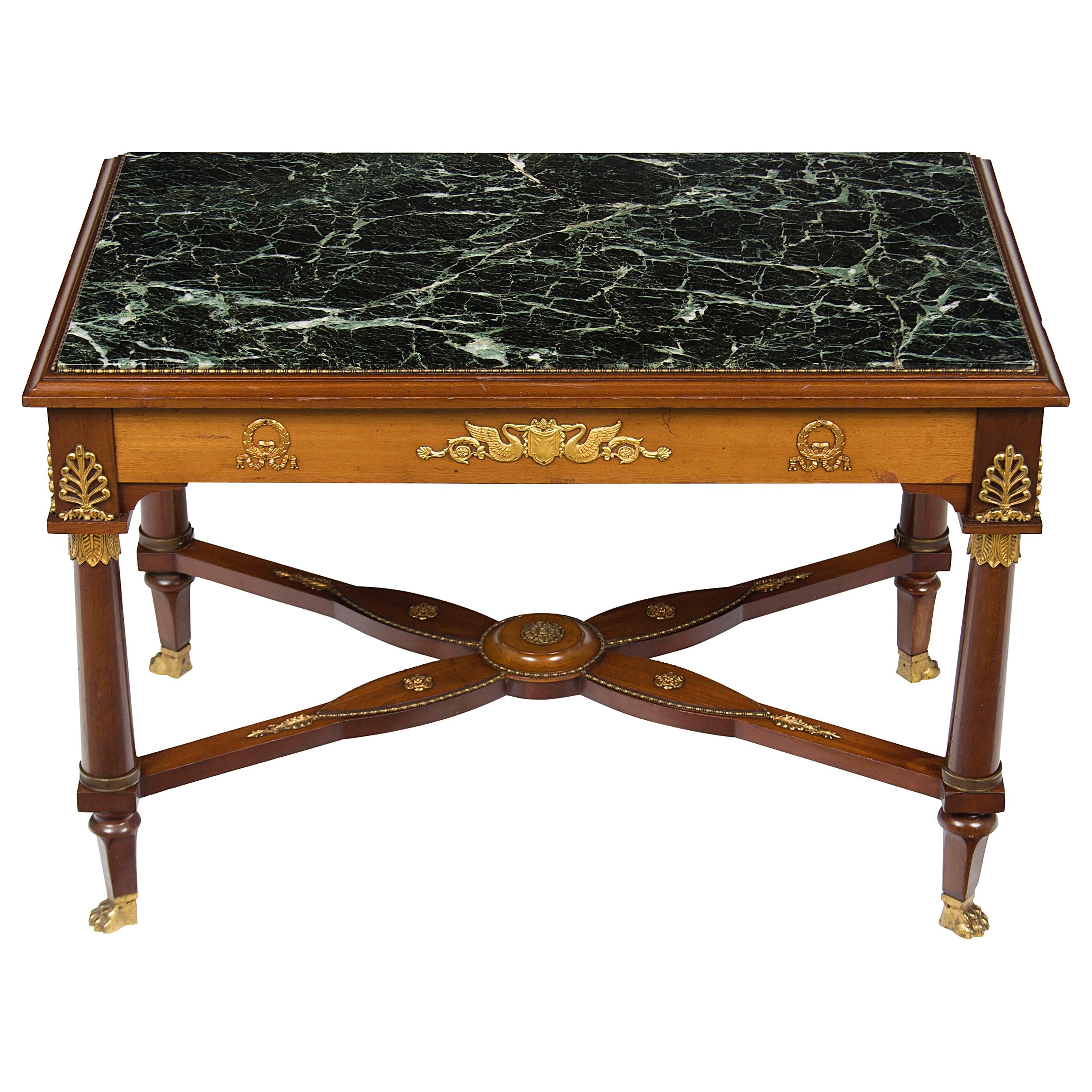 French Empire Style Mahogany Marble-Top Coffee Cocktail Table For Sale