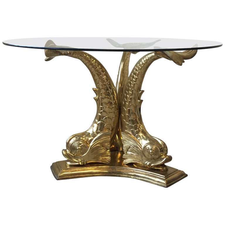 1960s Italian Brass Koi Fish Table with Glass For Sale at