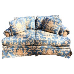 Retro Blue Linen French Provincial Baker Two-Seat Sofa with Tan Floral Accents