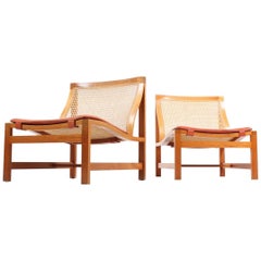 Pair of Mid Century Danish Lounge Chairs by in Mahogany and Patinated Leather