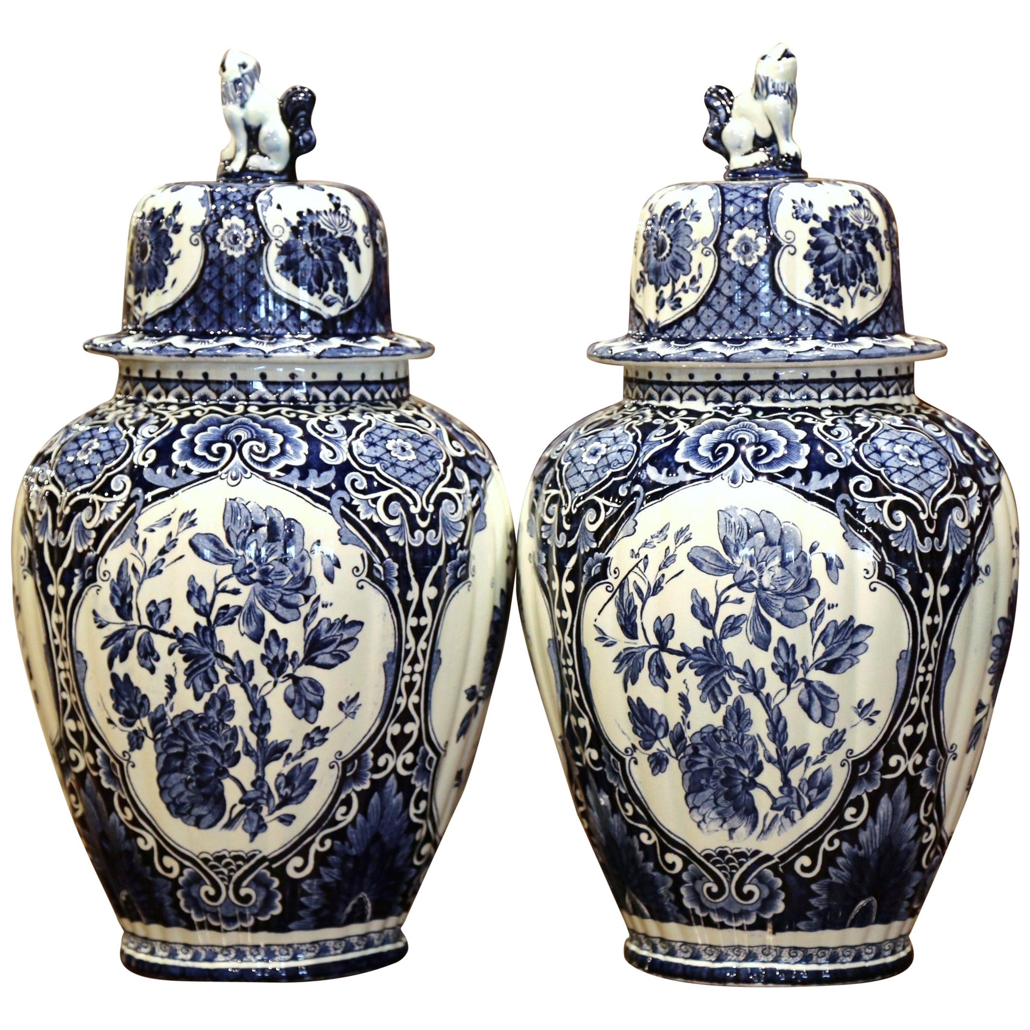 Pair of Mid-20th Century Dutch Blue and White Faience Delft Ginger Jars