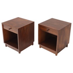 Pair of Cube Shape Oiled Walnut One Drawer Mid-Century Modern End Tables Stands